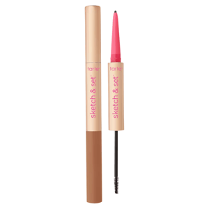 A Tarte \“sketch & set\“ eyebrow pencil and brow gel duo in neutral and pink packaging, featuring a retractable pencil and a small brow brush.