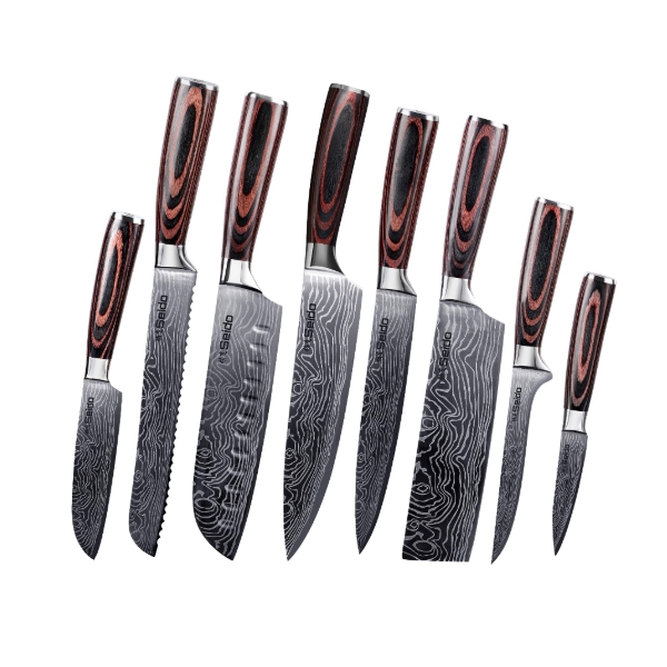 A set of eight kitchen knives with damascus-style blades and wooden handles, featuring various designs including a bread knife, santoku, and paring knife.