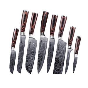 A set of eight kitchen knives with damascus-style blades and wooden handles, featuring various designs including a bread knife, santoku, and paring knife.
