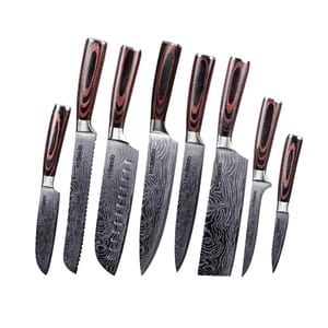 A set of eight kitchen knives with damascus-style blades and wooden handles, featuring various designs including a bread knife, santoku, and paring knife.
