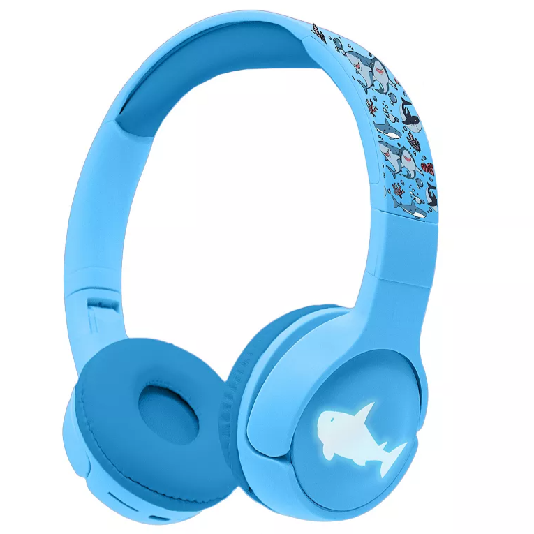 Blue over-ear headphones with shark design on the headband and glowing shark icon on the ear cup.