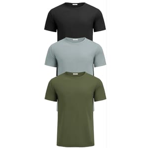 Set of three plain short-sleeve T-shirts in black, light gray, and olive green.