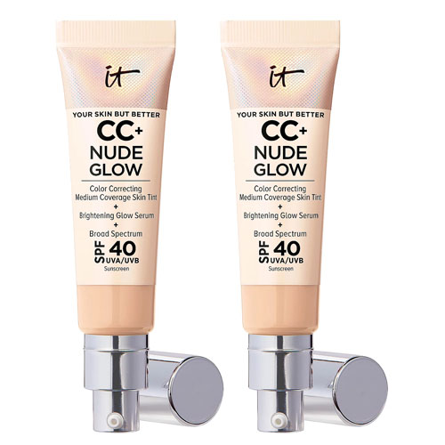 Two tubes of CC+ Nude Glow skin tint with SPF 40 sunscreen by IT Cosmetics.
