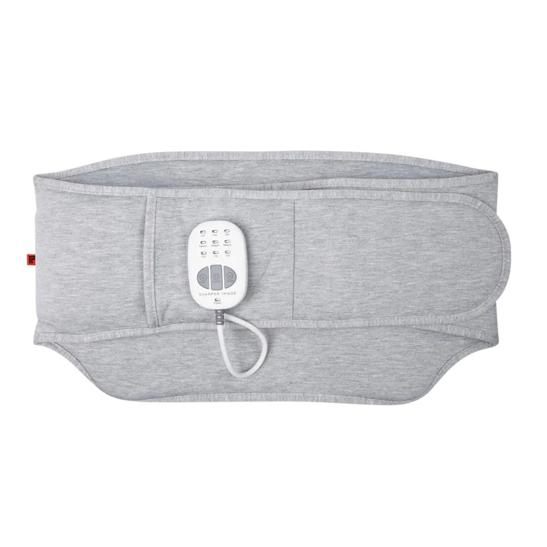 Gray heating pad belt with adjustable straps and a wired remote control featuring multiple settings.