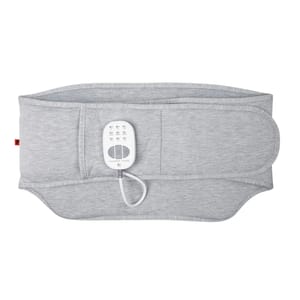 Gray heating pad belt with adjustable straps and a wired remote control featuring multiple settings.