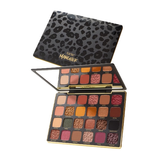Tarte Maneater Large Eyeshadow Palette features a leopard-print design with a variety of matte, shimmer, and metallic shades arranged in rows, offering warm and rich tones suitable for versatile eye looks.
