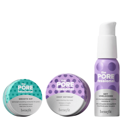 Three Benefit skincare products: Smooth Sip moisturizer, Deep Retreat clay mask, and Get Unblocked makeup-removing cleansing oil, all under the POREfessional line.