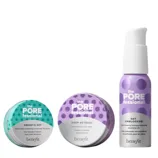 Three Benefit skincare products: Smooth Sip moisturizer, Deep Retreat clay mask, and Get Unblocked makeup-removing cleansing oil, all under the POREfessional line.