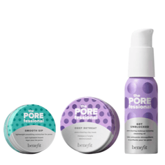Three Benefit skincare products: Smooth Sip moisturizer, Deep Retreat clay mask, and Get Unblocked makeup-removing cleansing oil, all under the POREfessional line.
