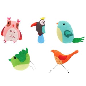 Five colorful plush bird and owl-shaped catnip toys, each with a unique design and fun vibrant colors.