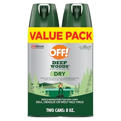 This image shows a value pack of \“OFF! Deep Woods\“ insect repellent spray. It features two 8 oz. cans and is designed for long-lasting protection against mosquitoes, ticks, biting flies, gnats, and chiggers. The product claims to repel mosquitoes that may carry diseases such as Zika, Dengue, or West Nile virus. The branding includes \“DryTouch technology\“ by SC Johnson.