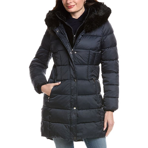 A women's black long puffer coat with a faux fur-trimmed hood, zip and button closure, and side pockets.