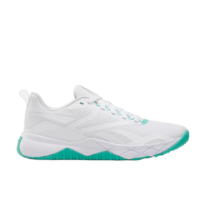 Reebok NFX Training Shoes are low-cut, white athletic sneakers with teal accents and a breathable mesh upper, designed for flexibility and support during workouts.