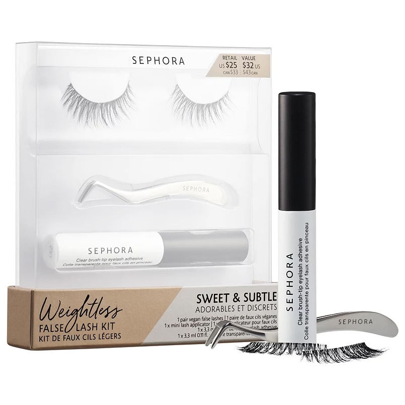 Sephora Weightless False Lash Kit includes a pair of vegan false lashes, a lash applicator, and clear brush-tip eyelash adhesive. Retail value is listed as $25 with a value of $32.