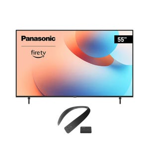 Panasonic 55\“ Fire TV with a neckband speaker and a small rectangular device.
