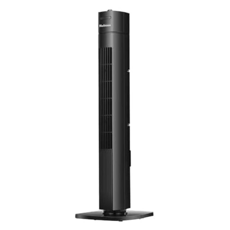 A black 31-inch tower fan featuring a slim, vertical design with a vented front and a flat, square base for stability.