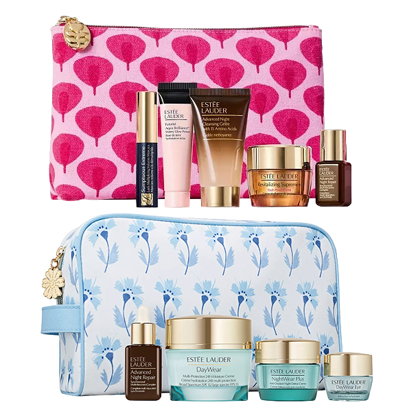 Two cosmetics sets with pink and blue patterned pouches, each including Estée Lauder skincare and beauty products like Advanced Night Repair and Revitalizing Supreme+.