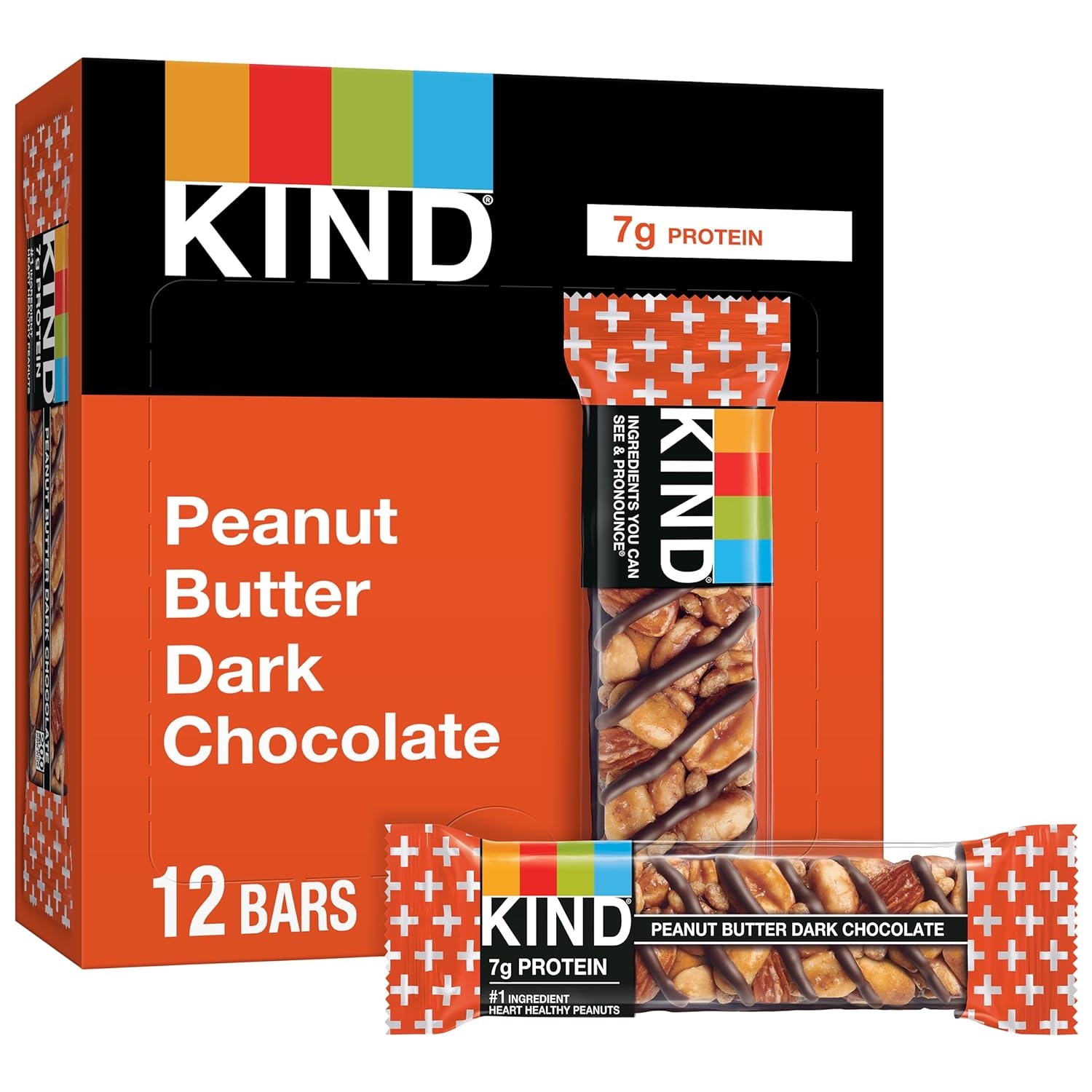 Kind Plus Bars pack of 12 features Peanut Butter Dark Chocolate flavor, offering 7g of protein per bar with ingredients that are visible and easy to pronounce.