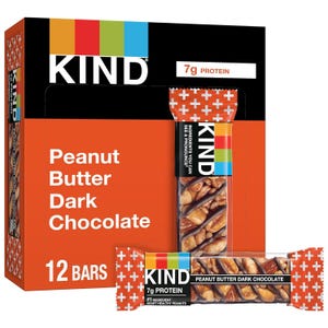 Kind Plus Bars pack of 12 features Peanut Butter Dark Chocolate flavor, offering 7g of protein per bar with ingredients that are visible and easy to pronounce.