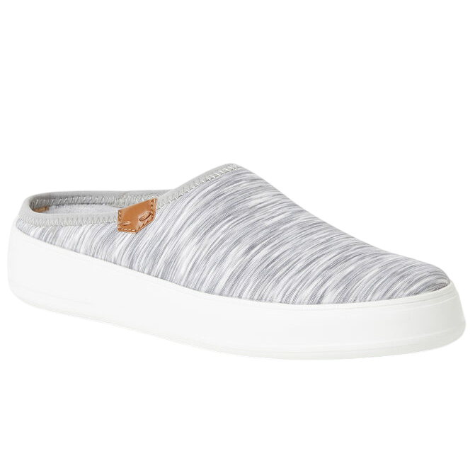Gray slip-on shoe with a textured fabric upper and white sole, featuring a small brown label on the side.