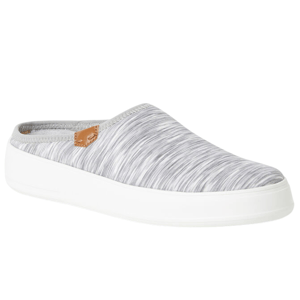 Gray slip-on shoe with a textured fabric upper and white sole, featuring a small brown label on the side.