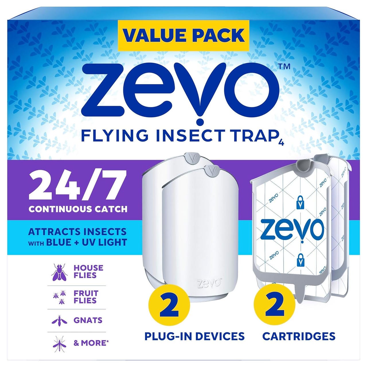 Zevo Flying Insect Trap Value Pack includes two plug-in devices and two cartridges, attracting insects like flies and gnats with blue and UV light for continuous 24/7 catch.