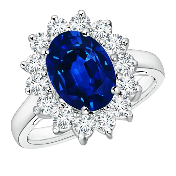A white gold ring featuring a large oval blue sapphire surrounded by a halo of round white diamonds.