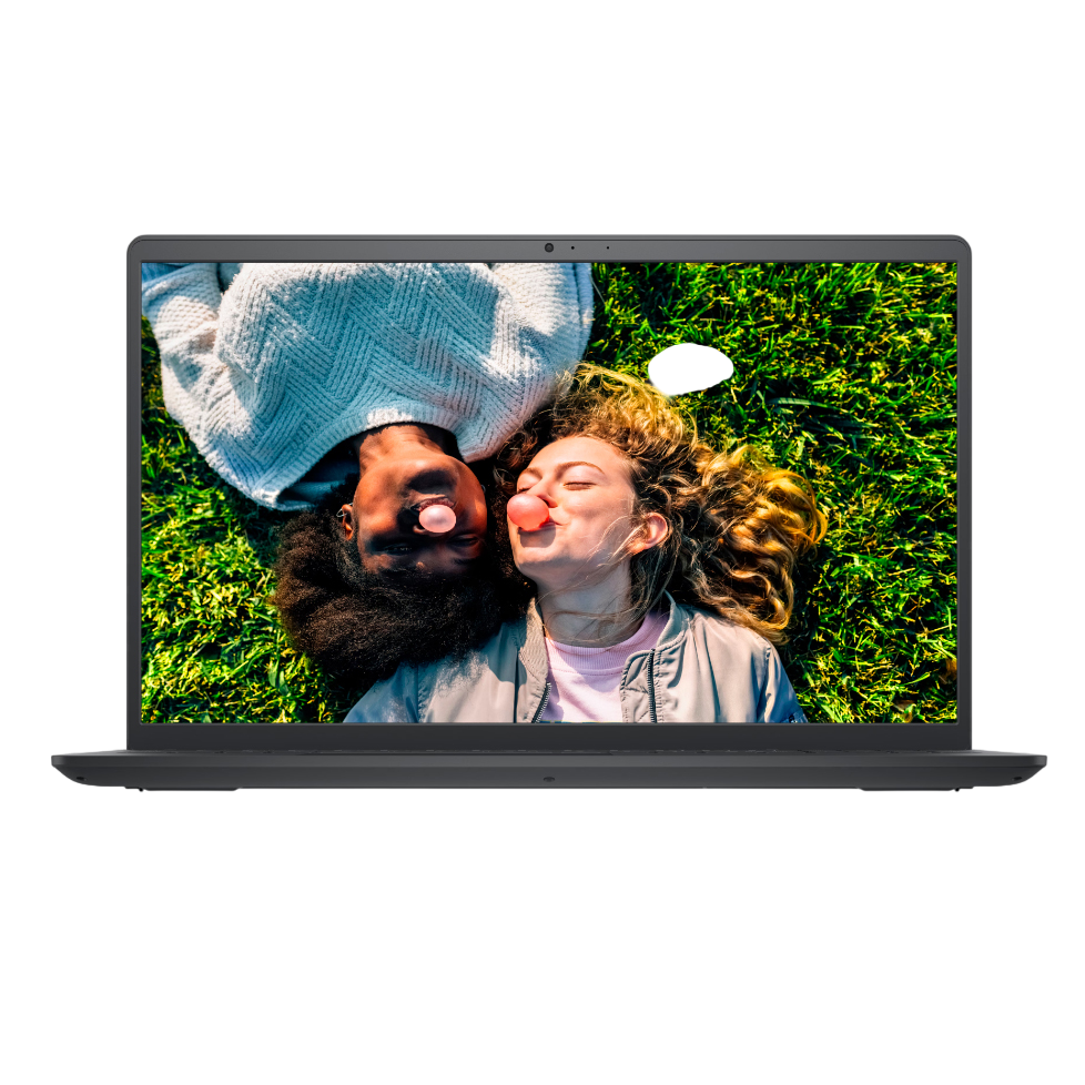 A laptop displaying a vibrant image of two people lying on grass blowing bubbles.