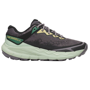 Merrell trail running shoe with a green and black color scheme, featuring a cushioned sole and breathable mesh upper.