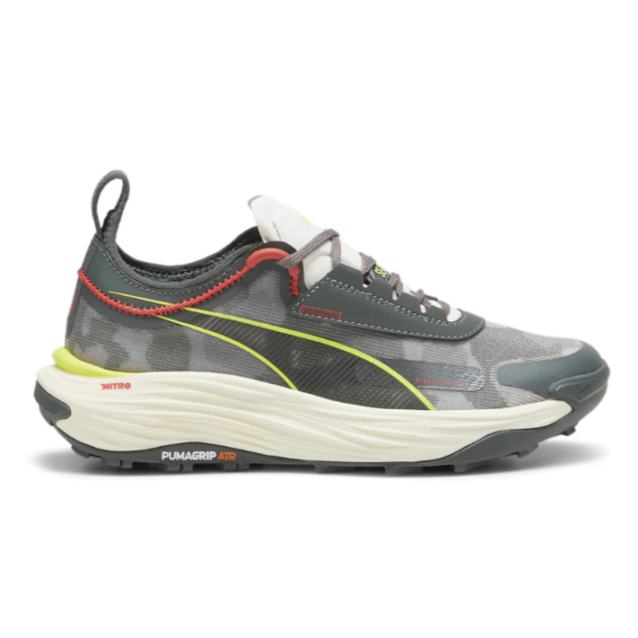 A gray and yellow athletic shoe with red accents, featuring a NITRO midsole and PUMAGRIP ATR outsole designed for traction.