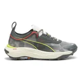 A gray and yellow athletic shoe with red accents, featuring a NITRO midsole and PUMAGRIP ATR outsole designed for traction.