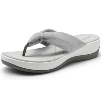 Women's cushioned thong sandals with a soft fabric strap, light gray upper, and supportive wedge sole.