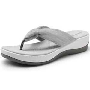 Women's cushioned thong sandals with a soft fabric strap, light gray upper, and supportive wedge sole.