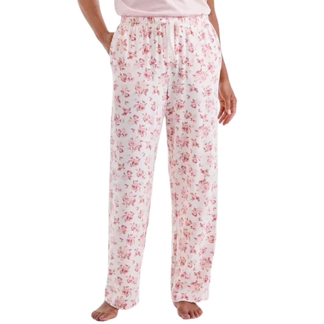 Light pink pajama pants with a floral pattern and an elastic waistband with a drawstring.