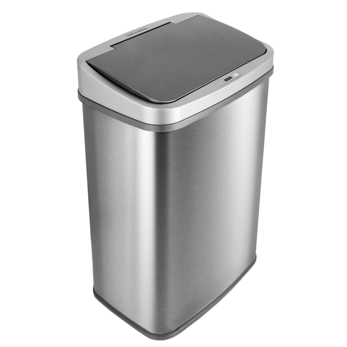 Stainless steel rectangular trash can with an automatic lid.