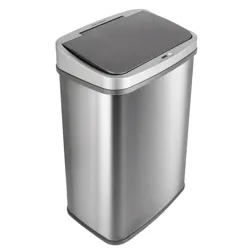 Stainless steel rectangular trash can with an automatic lid.