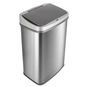 Stainless steel rectangular trash can with an automatic lid.