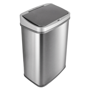 Stainless steel rectangular trash can with an automatic lid.