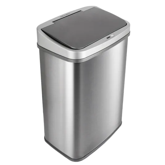 Stainless steel rectangular trash can with an automatic lid.