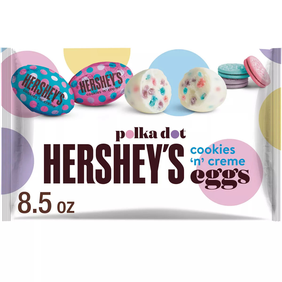 Hershey's Cookies 'n' Creme Eggs are white chocolate eggs with colorful cookie bits inside, wrapped in vibrant polka dot foil. Package weighs 8.5 oz.