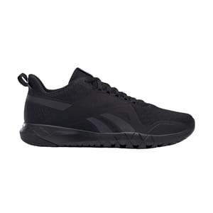 Black athletic sneaker with a mesh upper, lace-up design, and textured sole for grip. Suitable for sports or casual wear.