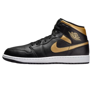 Air Jordan 1 Mid in black and gold with a white sole, featuring the Nike swoosh and Air Jordan logo on the side.