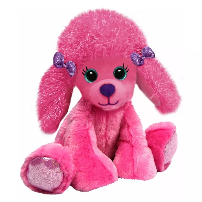 A plush pink poodle toy with fluffy ears, glittery purple bows, and sparkling paw pads. It features large green eyes and a friendly expression.