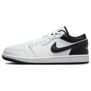 A white and black low-top sneaker with a black Nike Swoosh logo and perforated toe box, featuring a white midsole and black outsole.
