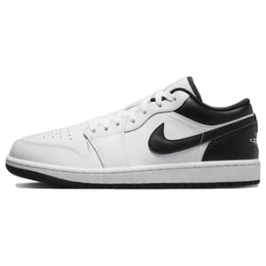 A white and black low-top sneaker with a black Nike Swoosh logo and perforated toe box, featuring a white midsole and black outsole.