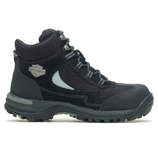 A black Harley-Davidson hiking boot with a rugged sole, lace-up design, and mesh panels for ventilation.