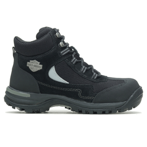 A black Harley-Davidson hiking boot with a rugged sole, lace-up design, and mesh panels for ventilation.