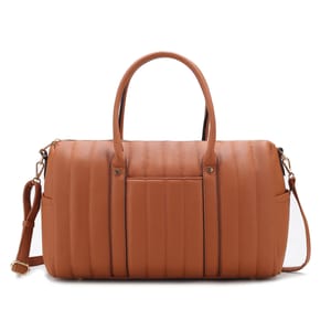 A brown leather duffel bag with vertical stitching, dual handles, and a detachable shoulder strap.