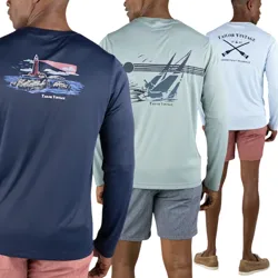 Three men wear long-sleeve shirts featuring nautical-themed graphics on the back, including a lighthouse, sailboats, and crossed oars with \“Tailor Vintage.\“ The shirts are paired with shorts in various colors.