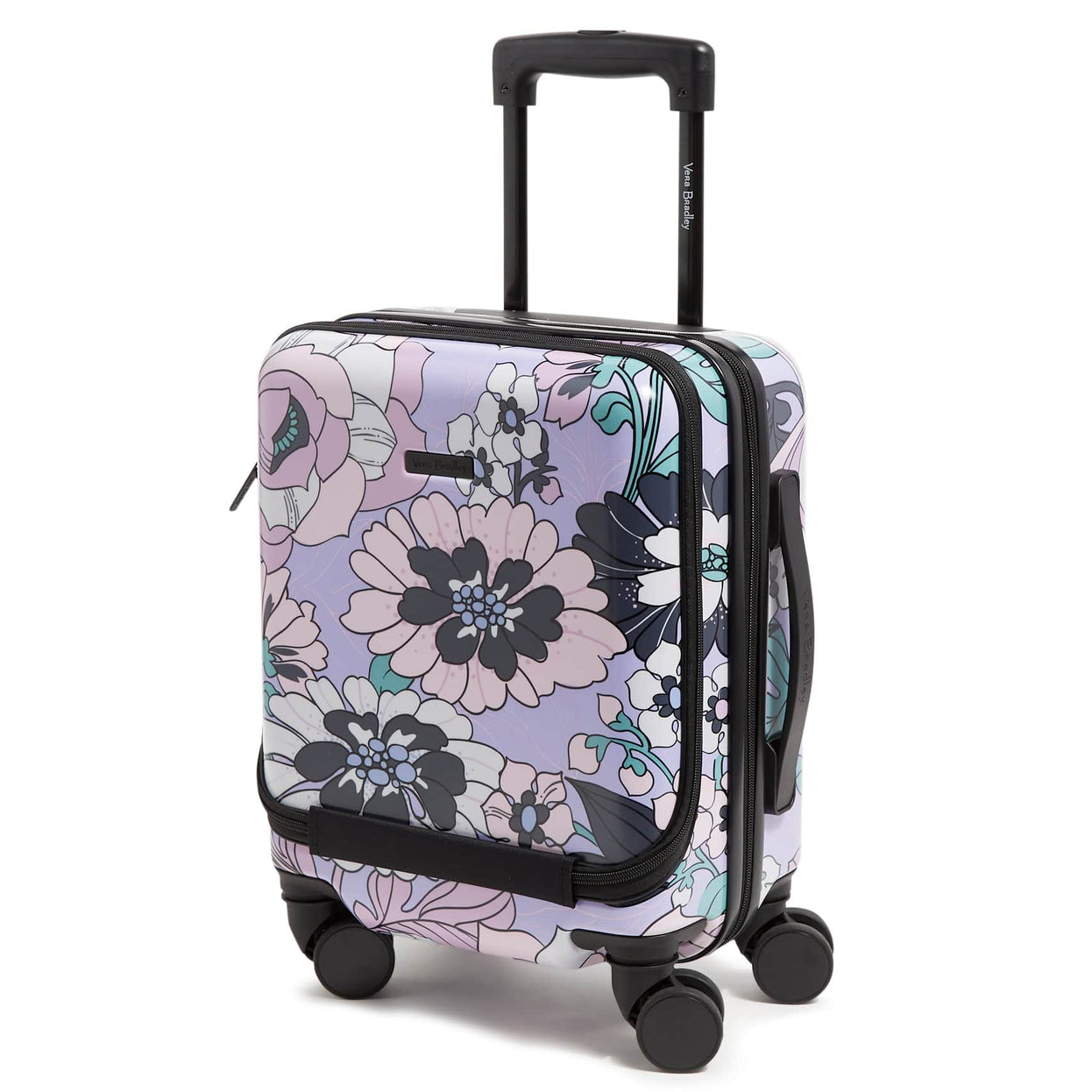 Floral patterned carry-on roller suitcase with an extendable handle and four wheels.